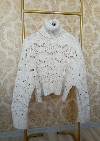 Bohem Stil Beyaz Örgü Boğazlı Kazak - Görsel 3