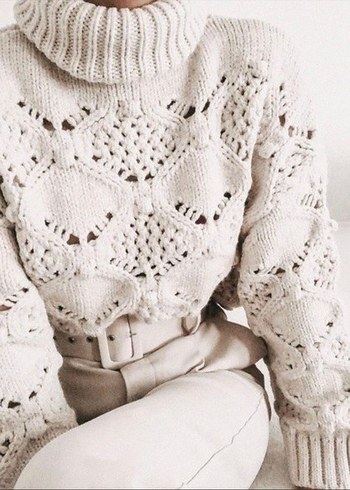 Bohem Stil Beyaz Örgü Boğazlı Kazak - Görsel 8