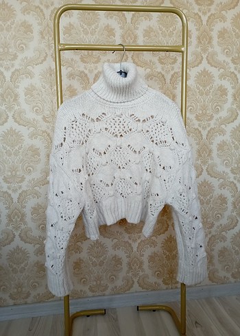 Bohem Stil Beyaz Örgü Boğazlı Kazak - Görsel 2