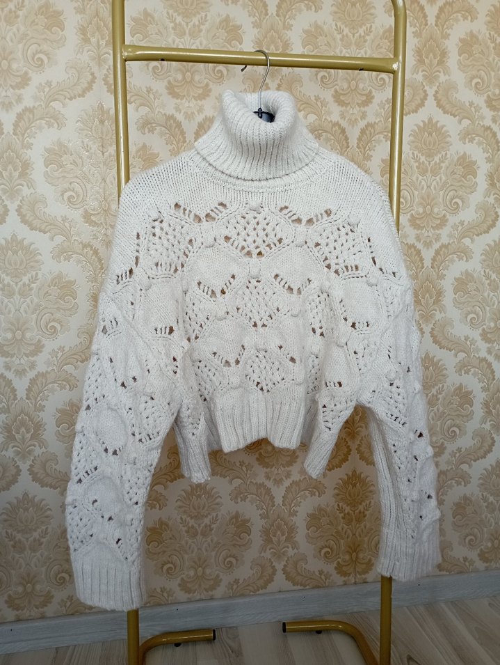 Bohem Stil Beyaz Örgü Boğazlı Kazak - Görsel 3