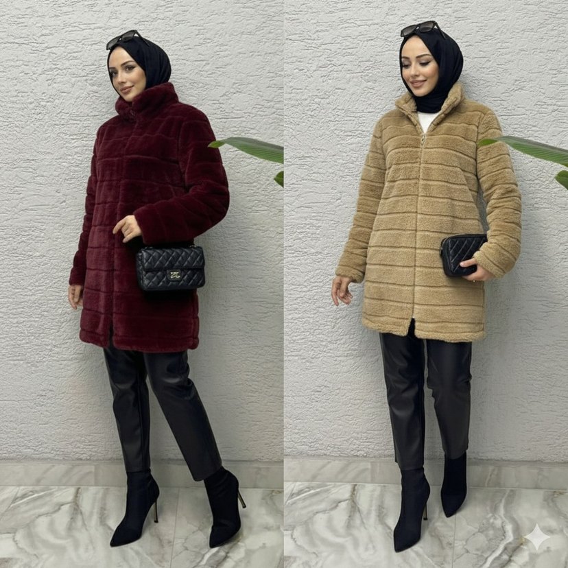 Bordo Kadın Peluş Mont - Görsel 3