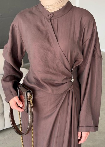 Touche Prive marka Drapeli Uzun Kahverengi Kadın Elbise - Görsel 2