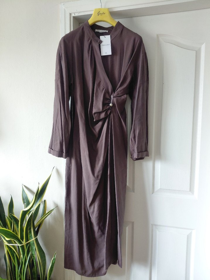 Touche Prive marka Drapeli Uzun Kahverengi Kadın Elbise - Görsel 4