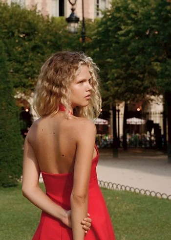 Kırmızı V Yaka Drapeli Mini Elbise - Görsel 3