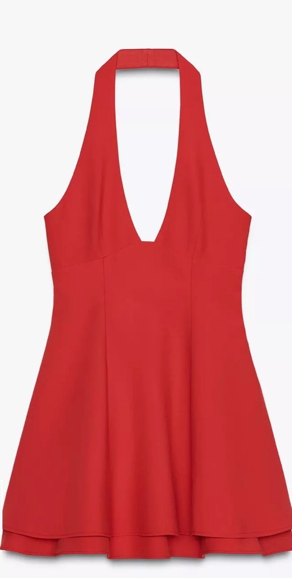 Kırmızı V Yaka Drapeli Mini Elbise - Görsel 4