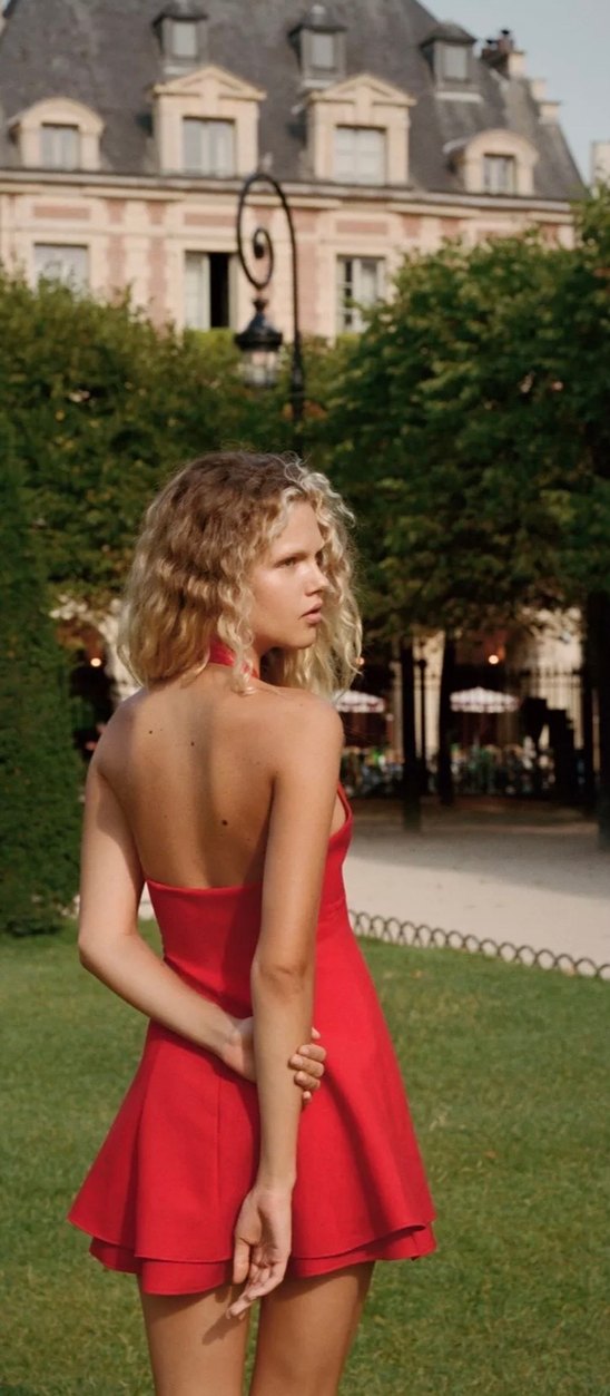 Kırmızı V Yaka Drapeli Mini Elbise - Görsel 3