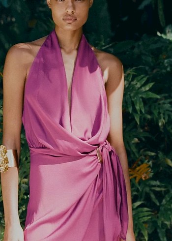 Mor Drapeli Mini Halter Yaka Elbise - Görsel 2