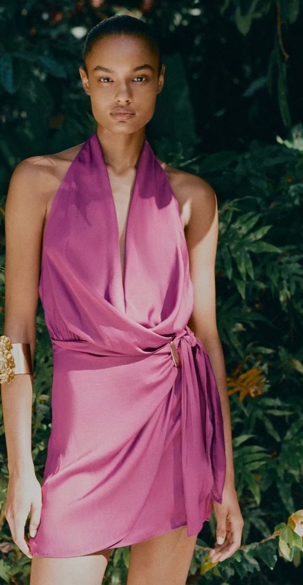 Mor Drapeli Mini Halter Yaka Elbise - Görsel 2