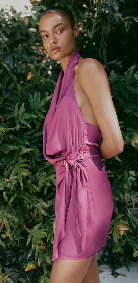 Mor Drapeli Mini Halter Yaka Elbise - Görsel 3