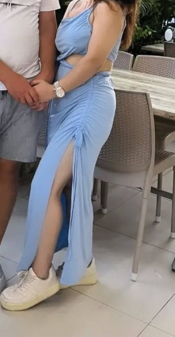 Mavi Straplez Uzun Drapeli Elbise - Görsel 2