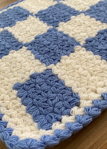 Mavi Beyaz Kareli Örgü Banyo lifi - Görsel 3