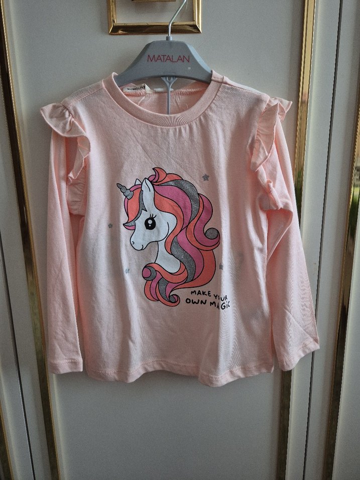 Unicorn Baskılı Pembe Uzun Kollu Kız Tişörtü - Görsel 3