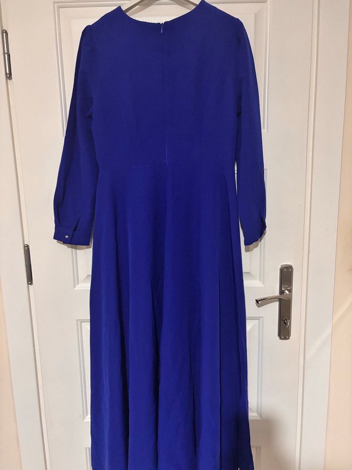 Kuşaklı Uzun Mavi Kadın Elbise - Görsel 2