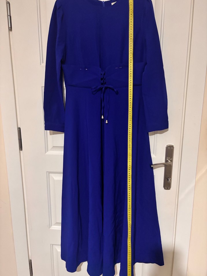 Kuşaklı Uzun Mavi Kadın Elbise - Görsel 3