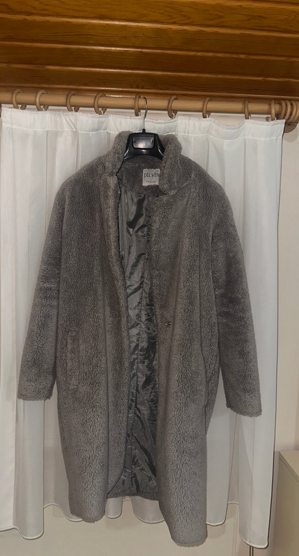 Gri-grey Kürklü Midi Kadın Kaban - Görsel 4