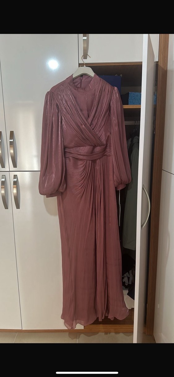 Gül kurusu  Parlak Drapeli Uzun Abiye Elbise - Görsel 2