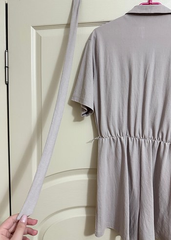 Bej Kısa Kollu Düğmeli Kadın Tulum - Görsel 6