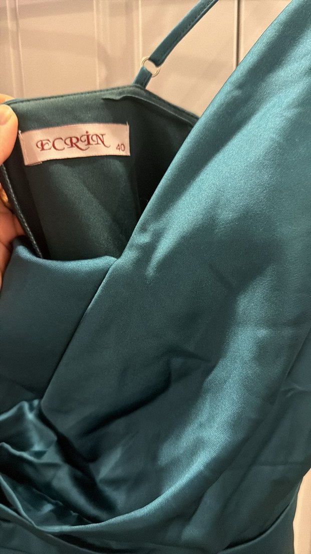 Uzun Straplez Turkuaz Drapeli Abiye Elbise - Görsel 2