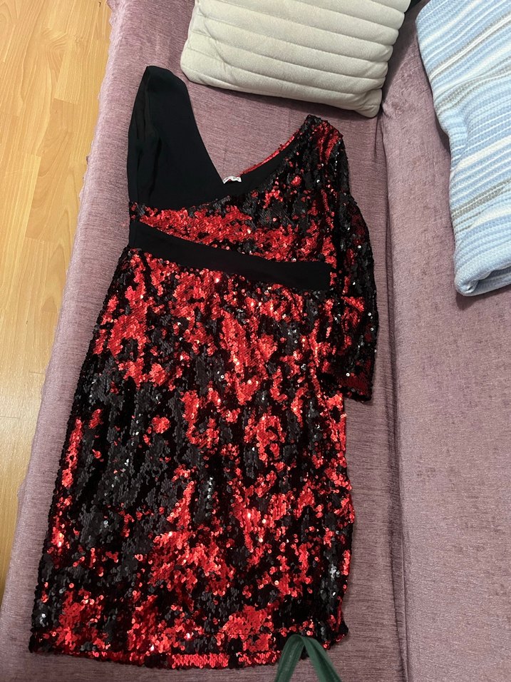 Kırmızı Siyah Payetli Mini V Yaka Elbise - Görsel 3