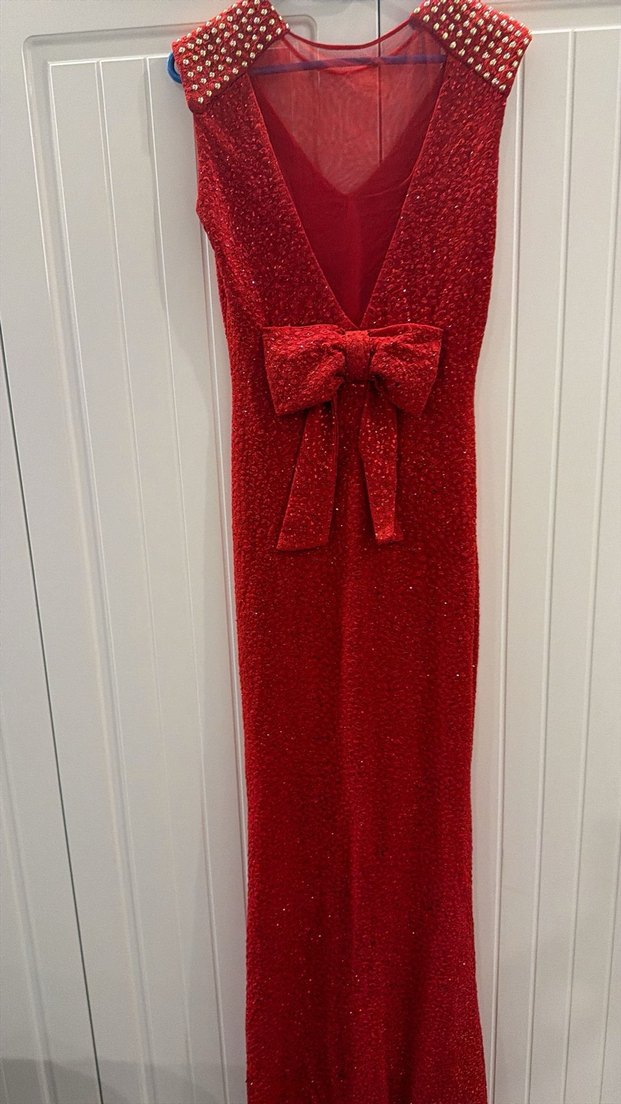 Sırt Detaylı Kırmızı Uzun Abiye Elbise - Görsel 2