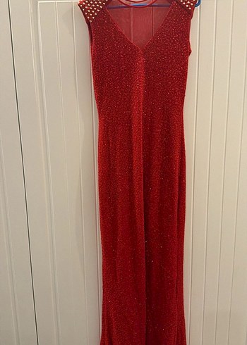 Kırmızı Parlak V Yaka Uzun Abiye Elbise - Görsel 2