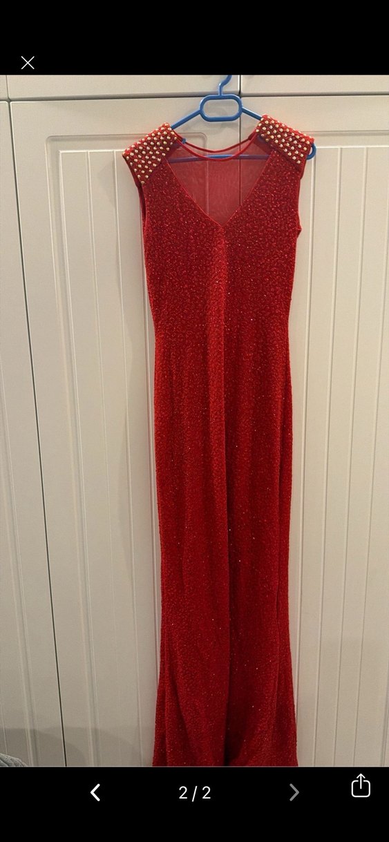 Kırmızı Parlak V Yaka Uzun Abiye Elbise - Görsel 2