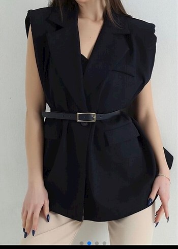 Kemerli Siyah Kısa Kadın Yelek - Görsel 2