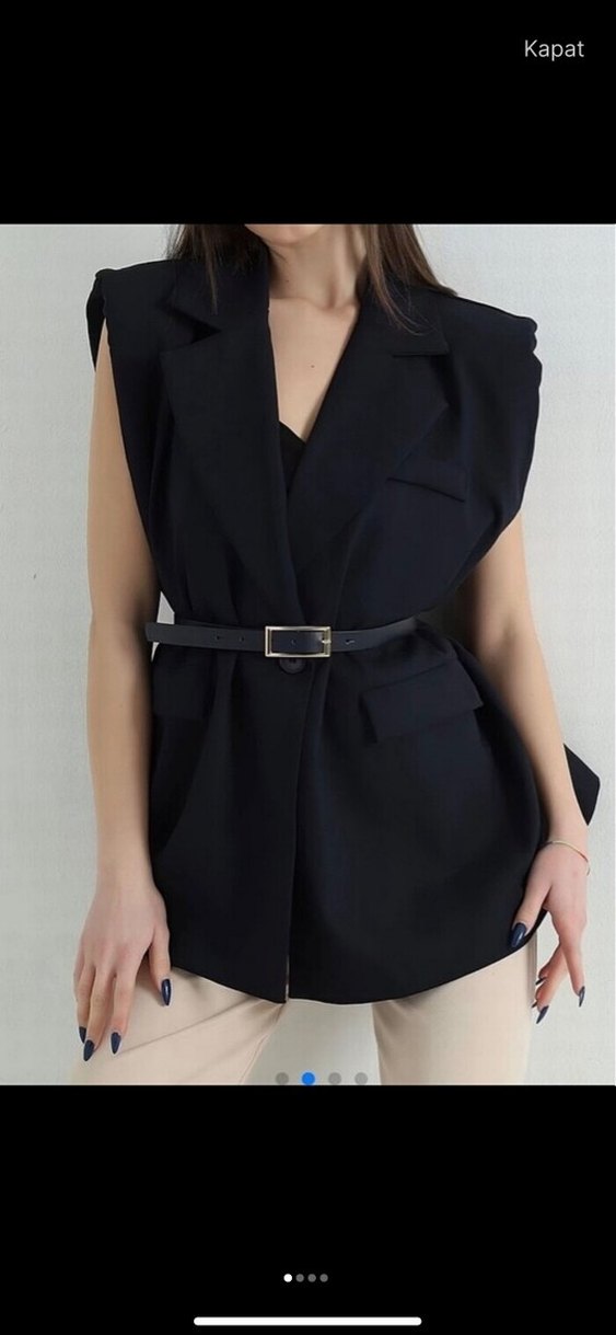 Kemerli Siyah Kısa Kadın Yelek - Görsel 2