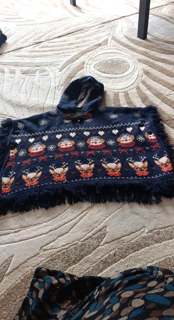 Kız Çocuk Çok Renkli Nakışlı Örgü Panço - Görsel 2