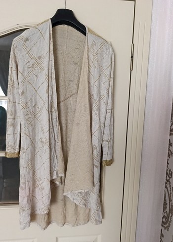 Uzun Bej Nakışlı Bohem Keten Hırka - Görsel 5