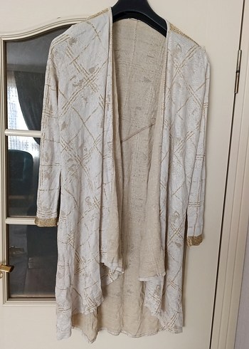 Uzun Bej Nakışlı Bohem Keten Hırka - Görsel 2