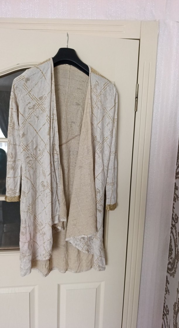 Uzun Bej Nakışlı Bohem Keten Hırka - Görsel 5