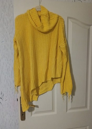 Sarı Örgü Boğazlı Salaş Kadın Kazak - Görsel 4