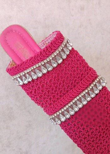 Pembe Örgü Topuklu Kadın Terlik - Görsel 2