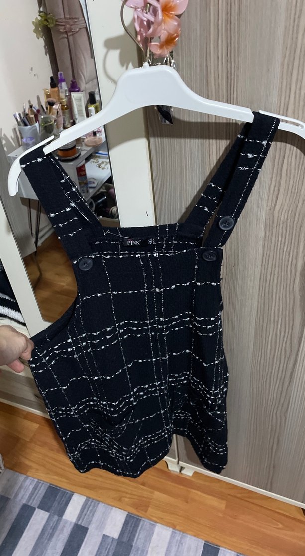 Siyah Kareli Askılı Mini Tulum - Görsel 2