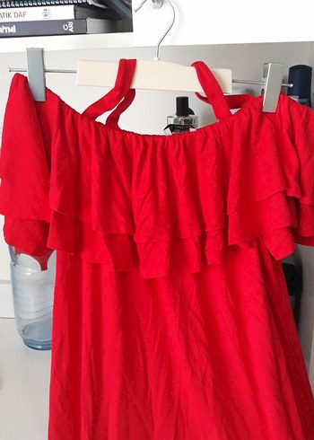 Kırmızı Uzun Volanlı Straplez Bohem Elbise - Görsel 2