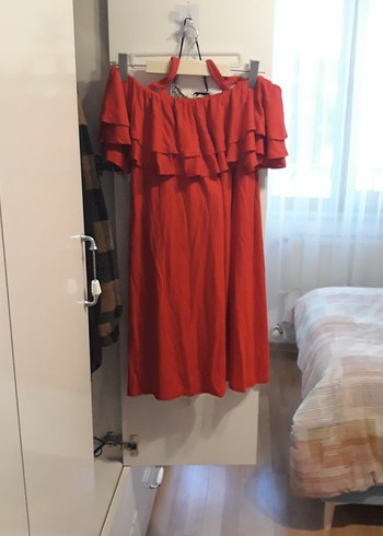 Kırmızı Uzun Volanlı Straplez Bohem Elbise - Görsel 3