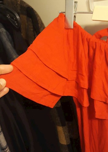 Kırmızı Uzun Volanlı Straplez Bohem Elbise - Görsel 4