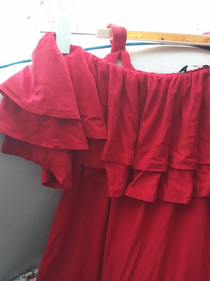 Kırmızı Uzun Volanlı Straplez Bohem Elbise - Görsel 5