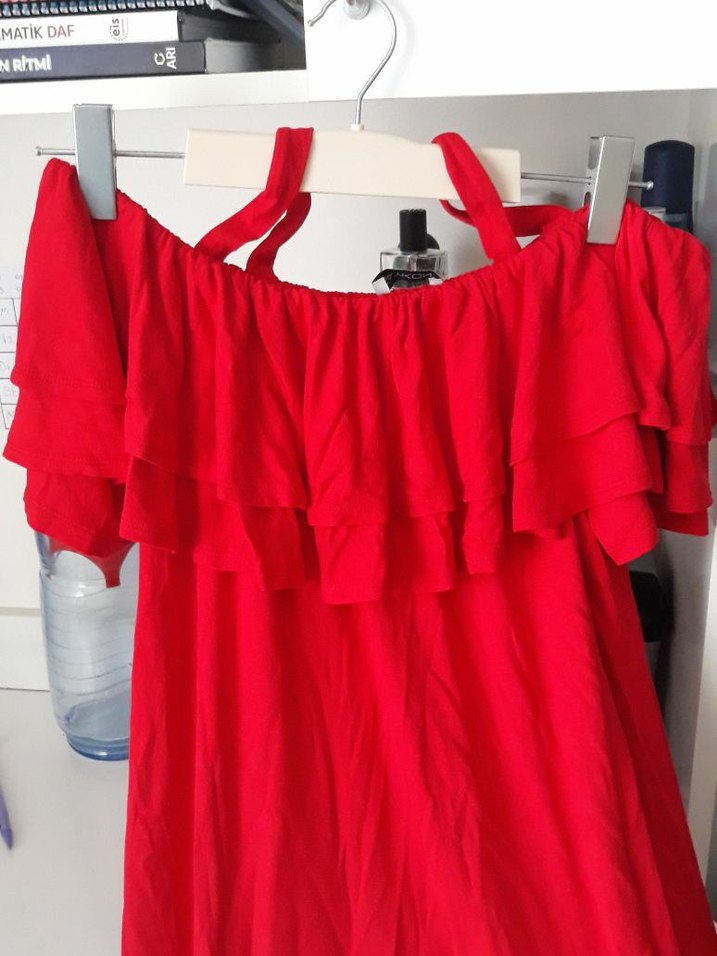 Kırmızı Uzun Volanlı Straplez Bohem Elbise - Görsel 2