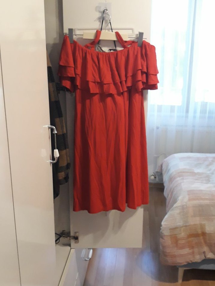 Kırmızı Uzun Volanlı Straplez Bohem Elbise - Görsel 3