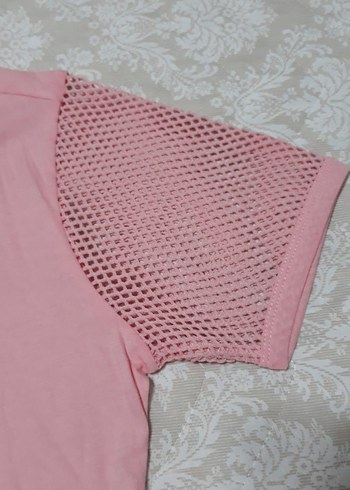 Kız Çocuk Pembe Kısa Kollu Dantel Detaylı Tişört - Görsel 3