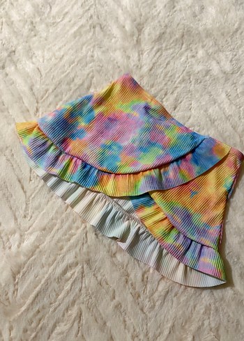 Pastel Renkli Fırfırlı Bağlama Desenli Mini Etek - Görsel 4