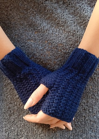 Kadın Bohem Koyu Mavi Örgü Parmaksız Eldiven - Görsel 2