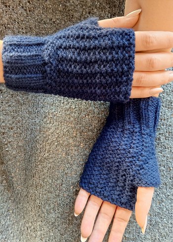 Kadın Bohem Koyu Mavi Örgü Parmaksız Eldiven - Görsel 3