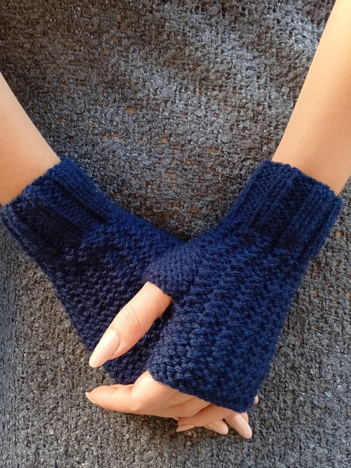 Kadın Bohem Koyu Mavi Örgü Parmaksız Eldiven - Görsel 2
