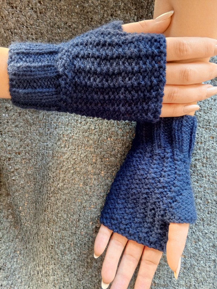 Kadın Bohem Koyu Mavi Örgü Parmaksız Eldiven - Görsel 3