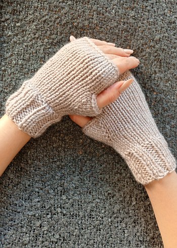 Bej Örgü Parmaksız Kadın Eldiveni - Görsel 5