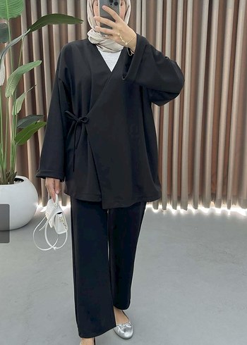 Kadın Siyah Kemerli Uzun Kimono
