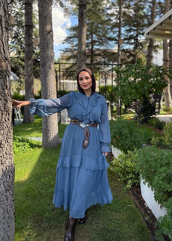 Fırfırlı Bohem Uzun Mavi Elbise